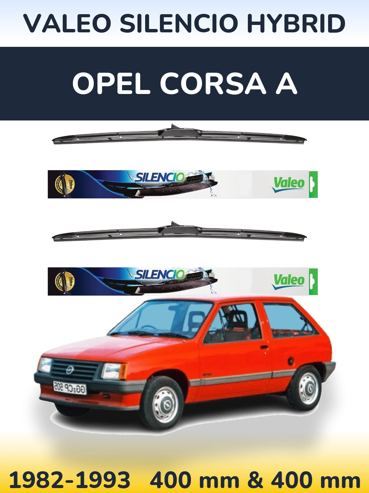 Front wiper blade set Valeo Silencio Hybrid 400 & 400 mm for Opel Corsa A 1982-1993