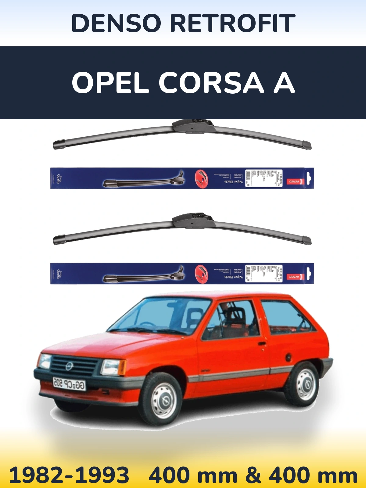 Front wiper blade set Denso Retrofit 400 & 400 mm for Opel Corsa A 1982-1993