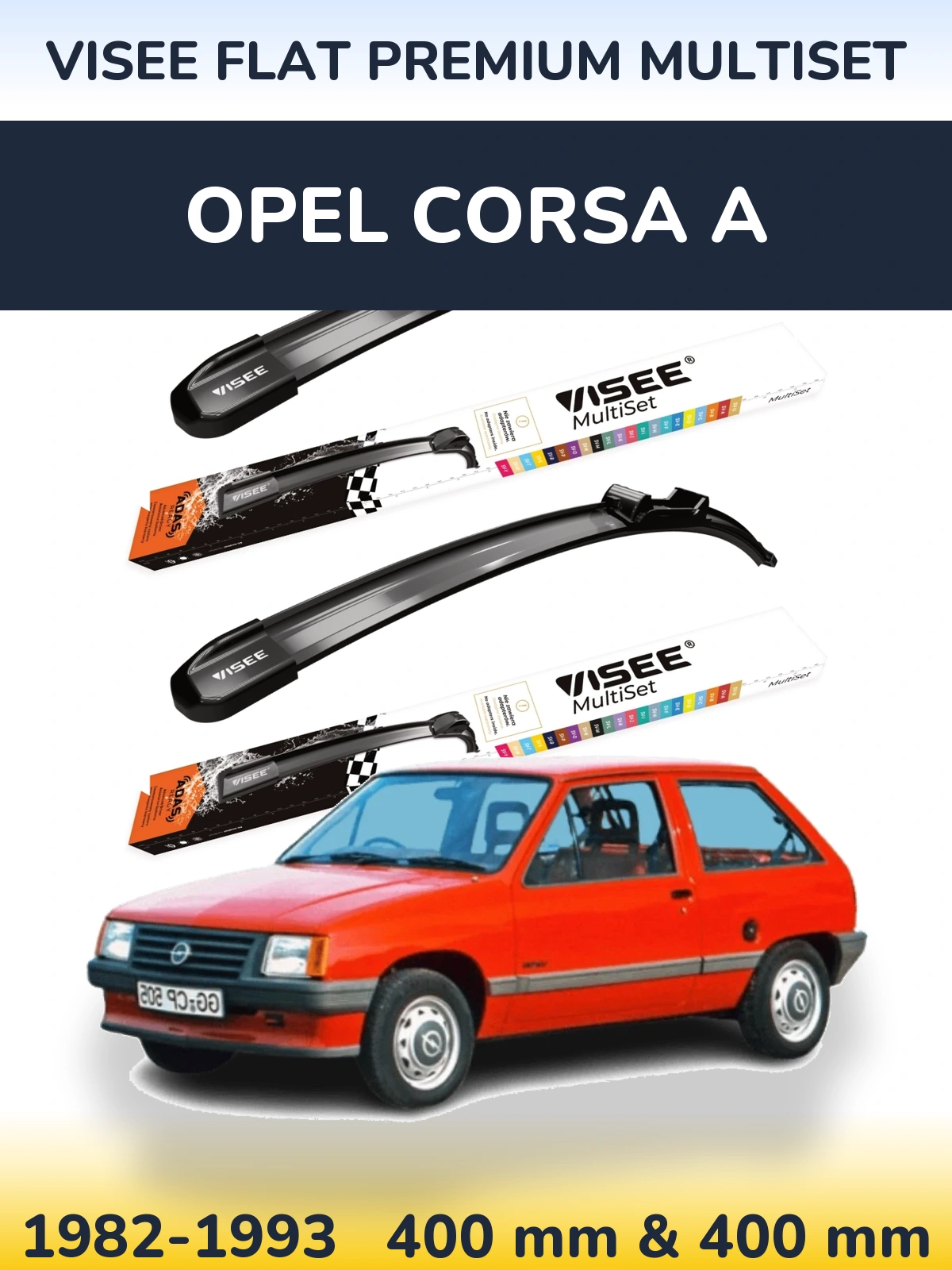 Front wiper blade set VISEE FLAT PREMIUM MultiSet 400 & 400 mm for Opel Corsa A 1982-1993