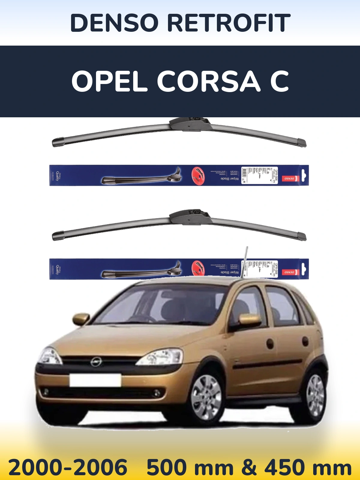 Front wiper blade set Denso Retrofit 500 & 450 mm for Opel Corsa C 2000-2006