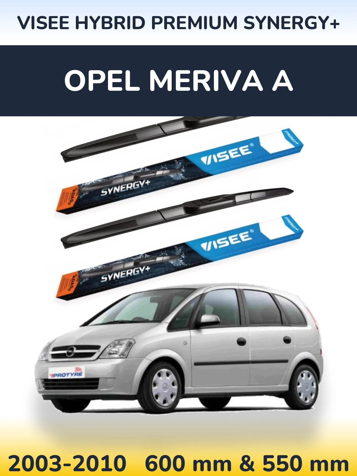 Front wiper blade set VISEE HYBRID PREMIUM SYNERGY+ 600 & 550 mm for Opel Meriva A 2003-2010