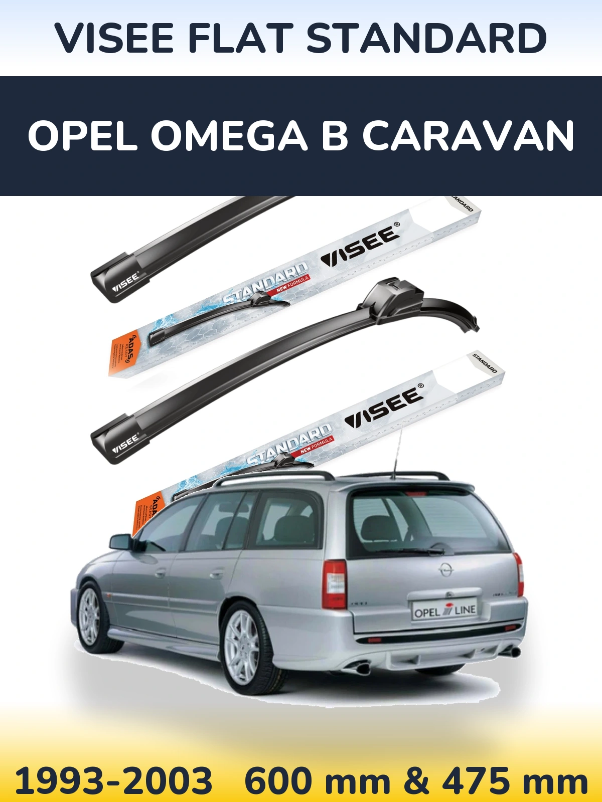 Front wiper blade set VISEE FLAT STANDARD 600 & 475 mm for Opel Omega B Caravan 1993-2003