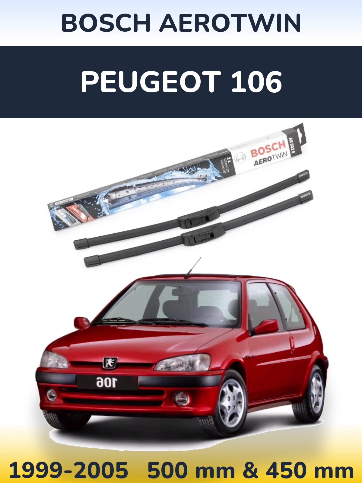 Front wiper blade set BOSCH AeroTwin 500 & 450 mm for Peugeot 106 1999-2005