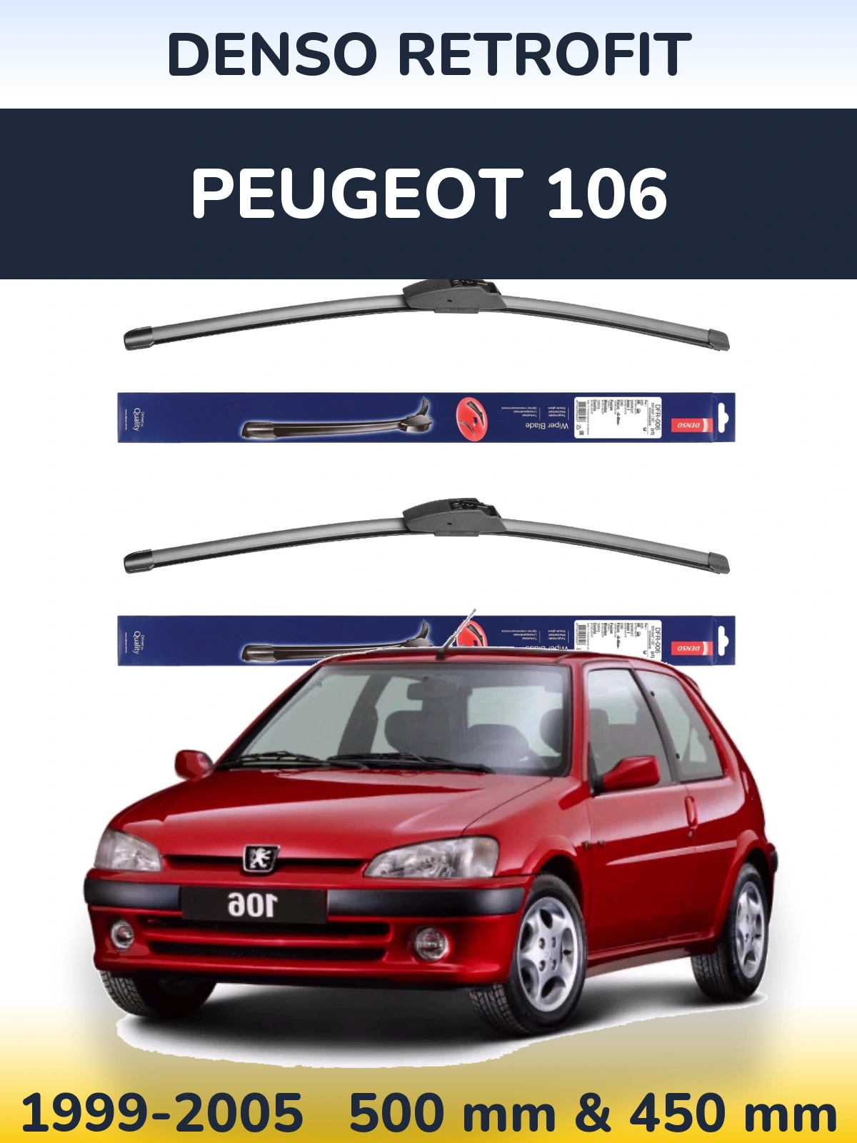 Front wiper blade set Denso Retrofit 500 & 450 mm for Peugeot 106 1999-2005