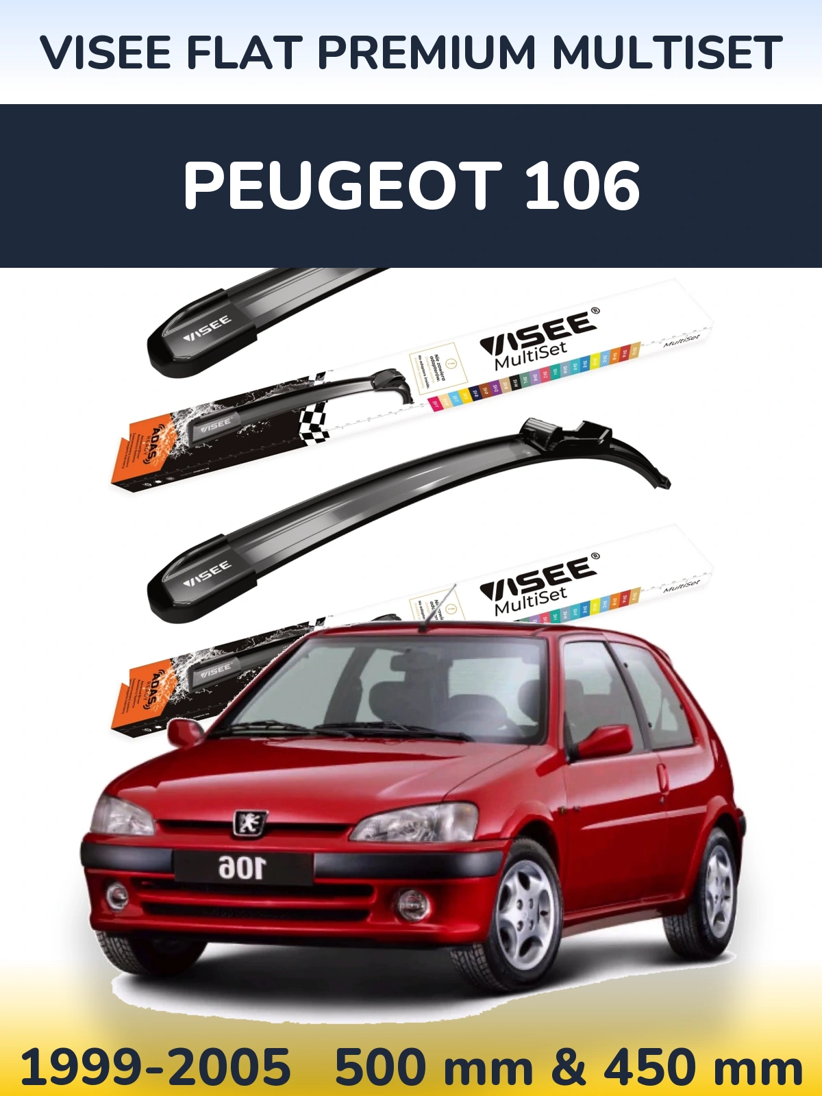 Front wiper blade set VISEE FLAT PREMIUM MultiSet 500 & 450 mm for Peugeot 106 1999-2005