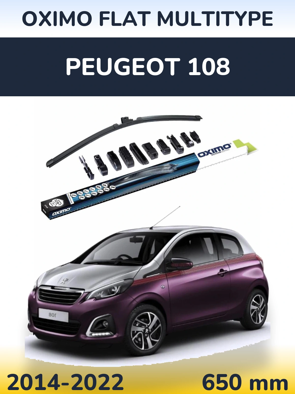 Front wiper blade Oximo Flat MultiTipoe 650 mm for Peugeot 108 2014-2022