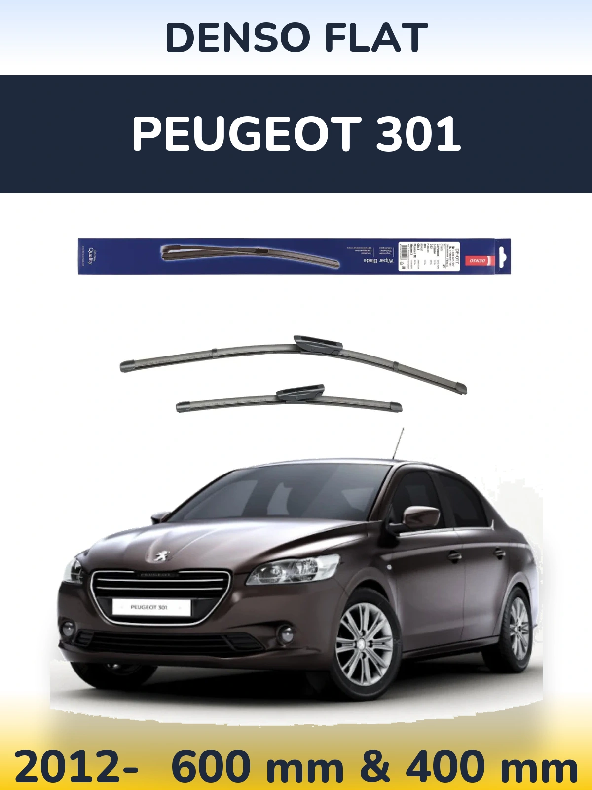 Front wiper blade set Denso Flat 600 & 400 mm for Peugeot 301 2012-2026