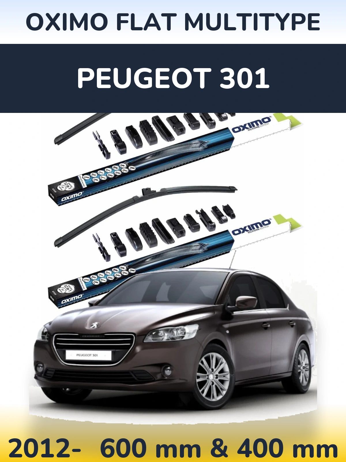 Front wiper blade set Oximo Flat MultiTypee 600 & 400 mm for Peugeot 301 2012-2026