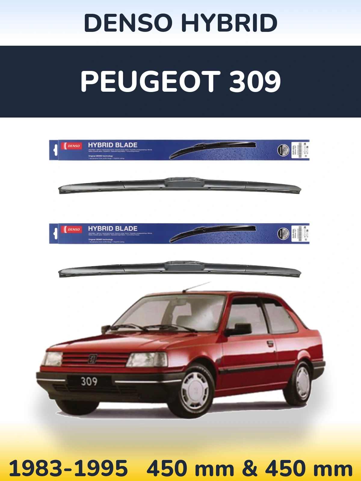 Front wiper blade set Denso Hybrid 450 & 450 mm for Peugeot 309 1983-1995