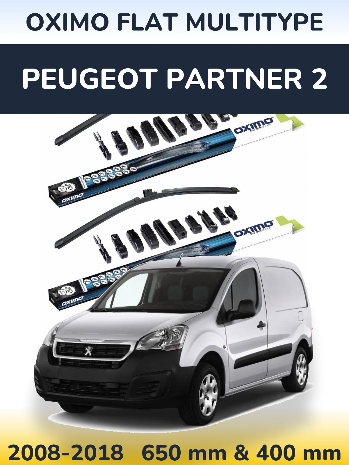 Front wiper blade set Oximo Flat MultiTipoe 650 & 400 mm for Peugeot Partner 2 2008-2018