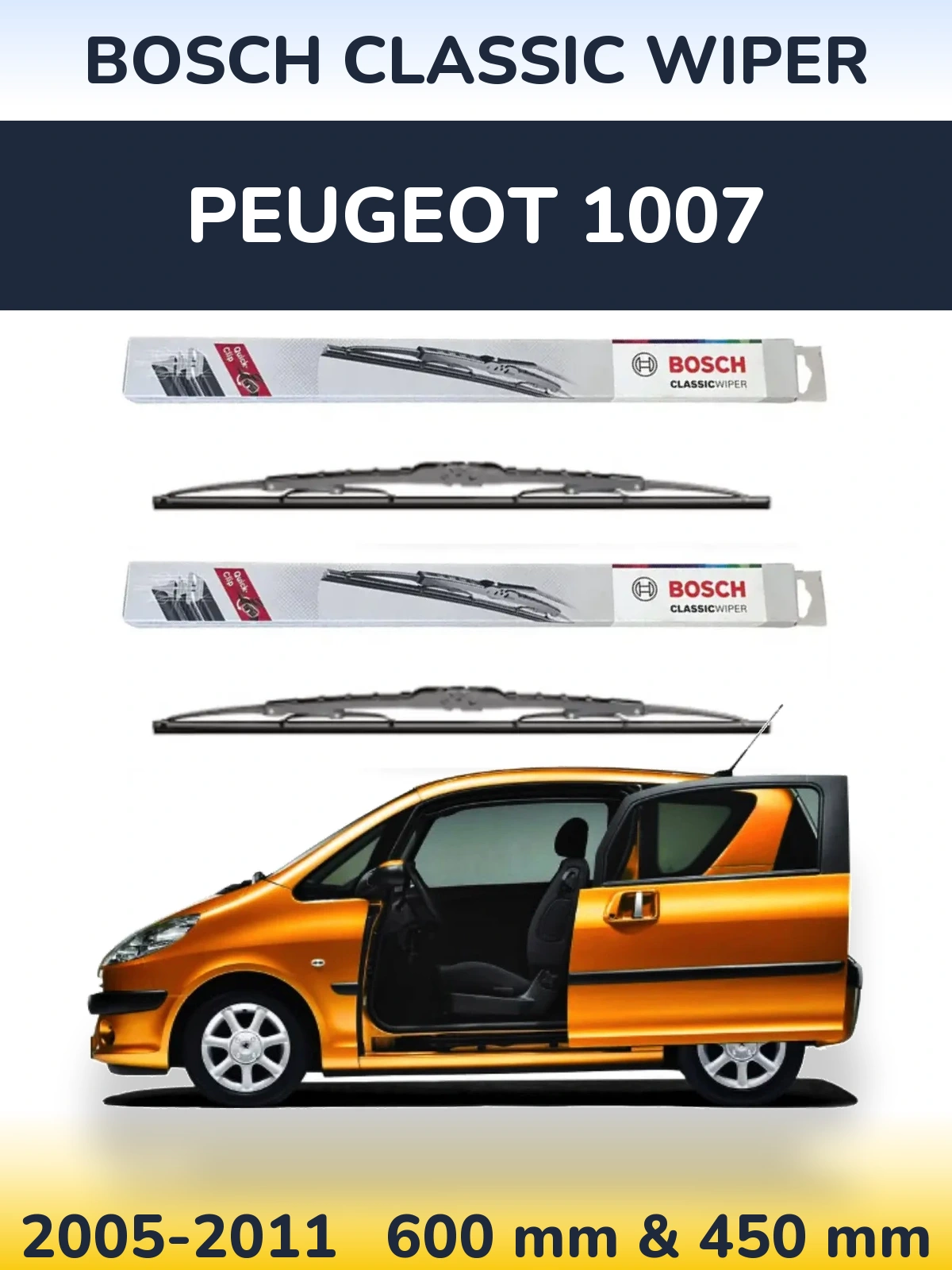 Front wiper blade set BOSCH Classic Wiper 600 & 450 mm for Peugeot 1007 2005-2011