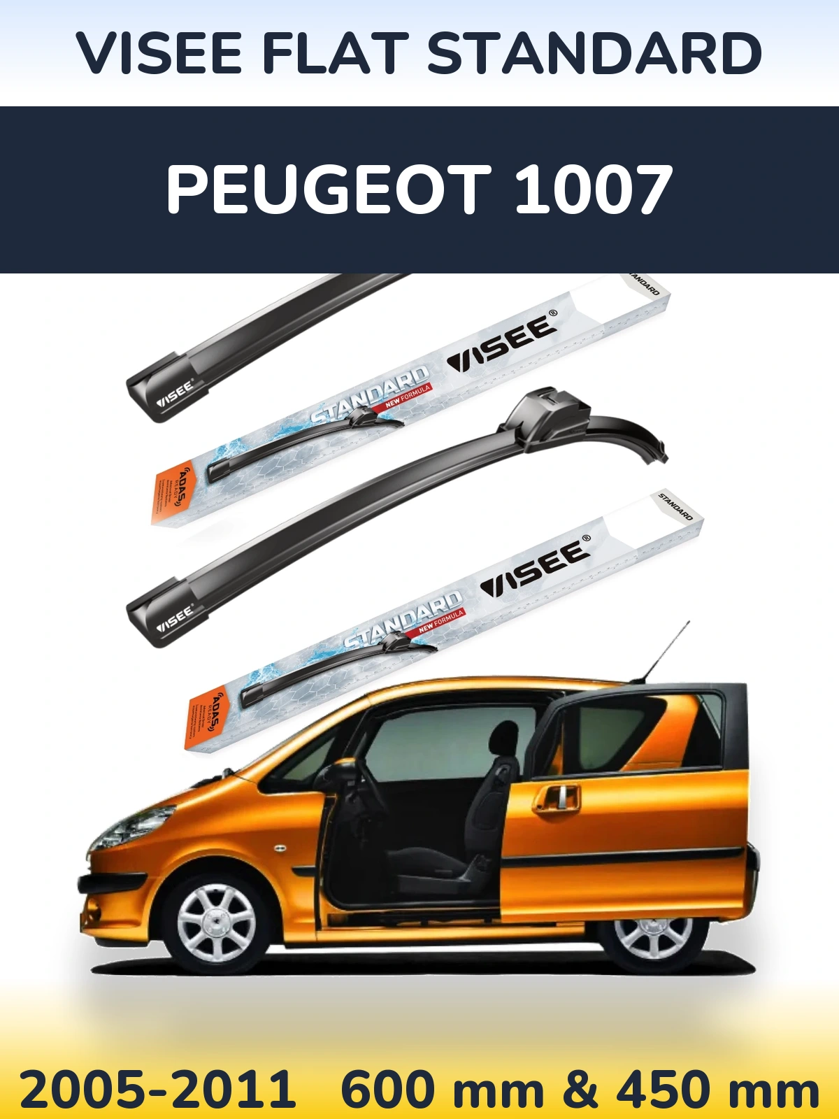 Front wiper blade set VISEE FLAT STANDARD 600 & 450 mm for Peugeot 1007 2005-2011