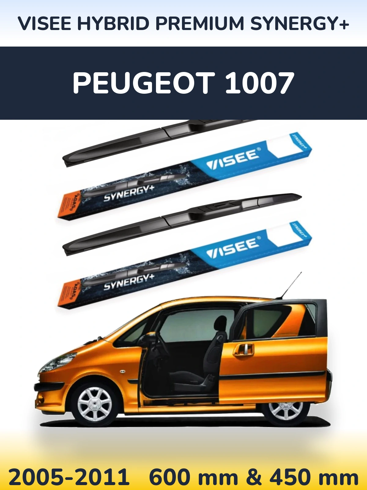 Front wiper blade set VISEE HYBRID PREMIUM SYNERGY+ 600 & 450 mm for Peugeot 1007 2005-2011