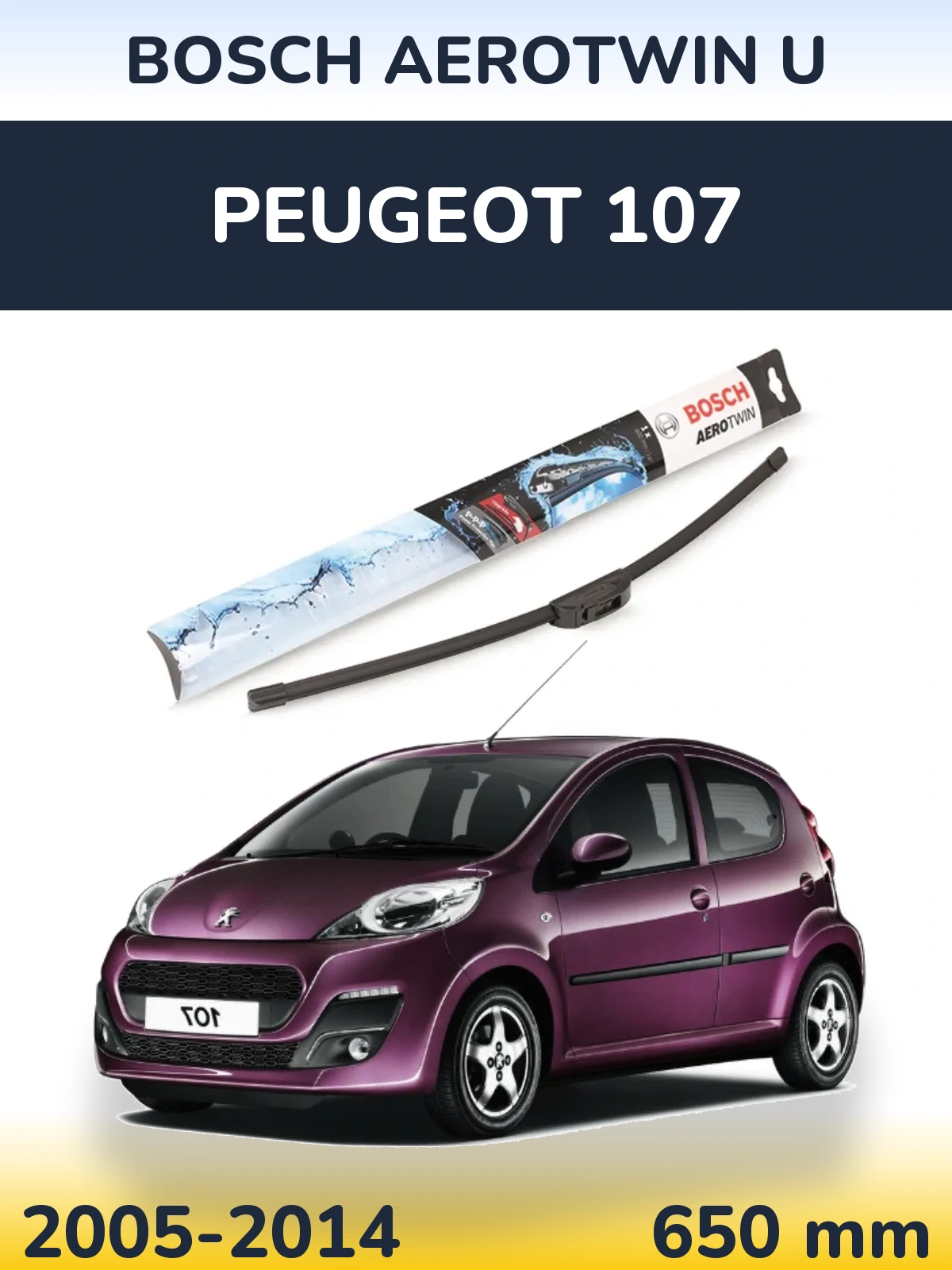 Front wiper blade BOSCH AeroTwin U 650 mm for Peugeot 107 2005-2014
