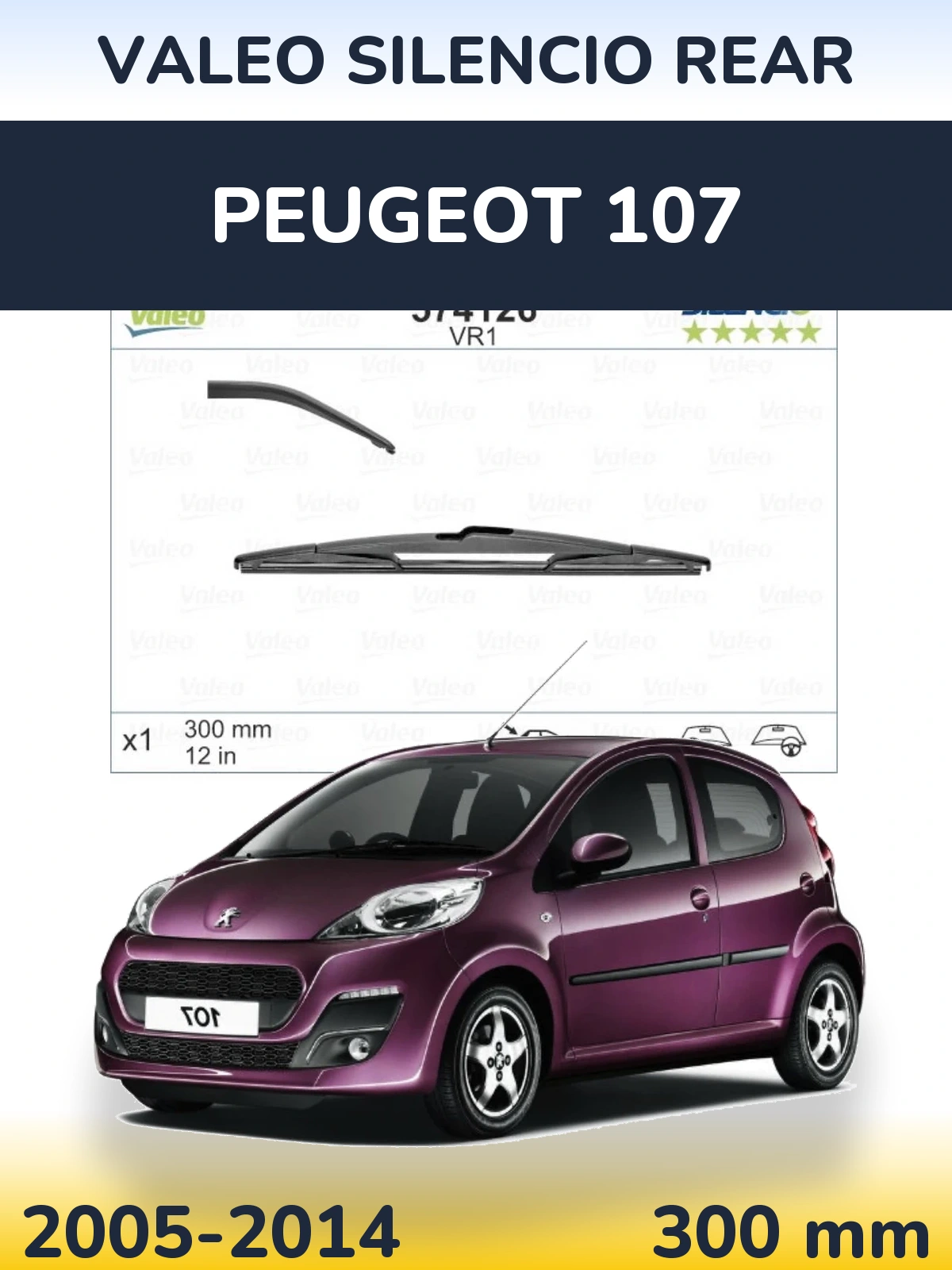 Rear wiper blade Valeo Silencio Rear 300 mm for Peugeot 107 2005-2014