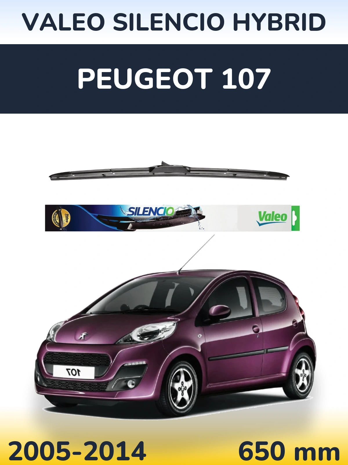 Front wiper blade Valeo Silencio Hybrid 650 mm for Peugeot 107 2005-2014