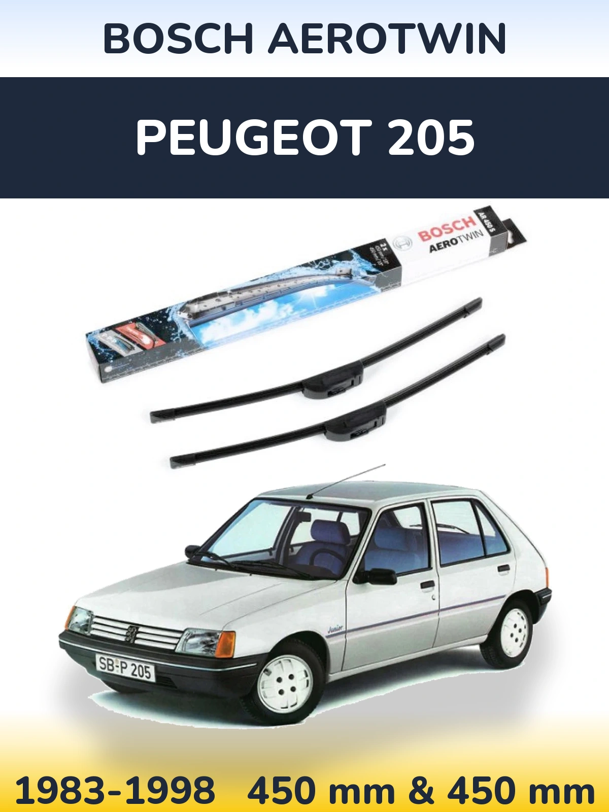 Front wiper blade set BOSCH AeroTwin 450 & 450 mm for Peugeot 205 1983-1998
