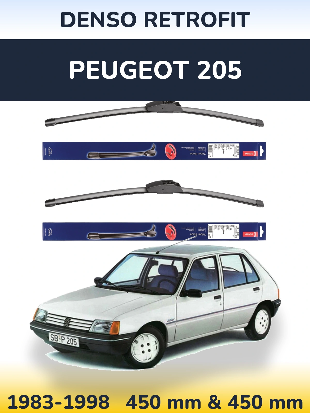 Front wiper blade set Denso Retrofit 450 & 450 mm for Peugeot 205 1983-1998