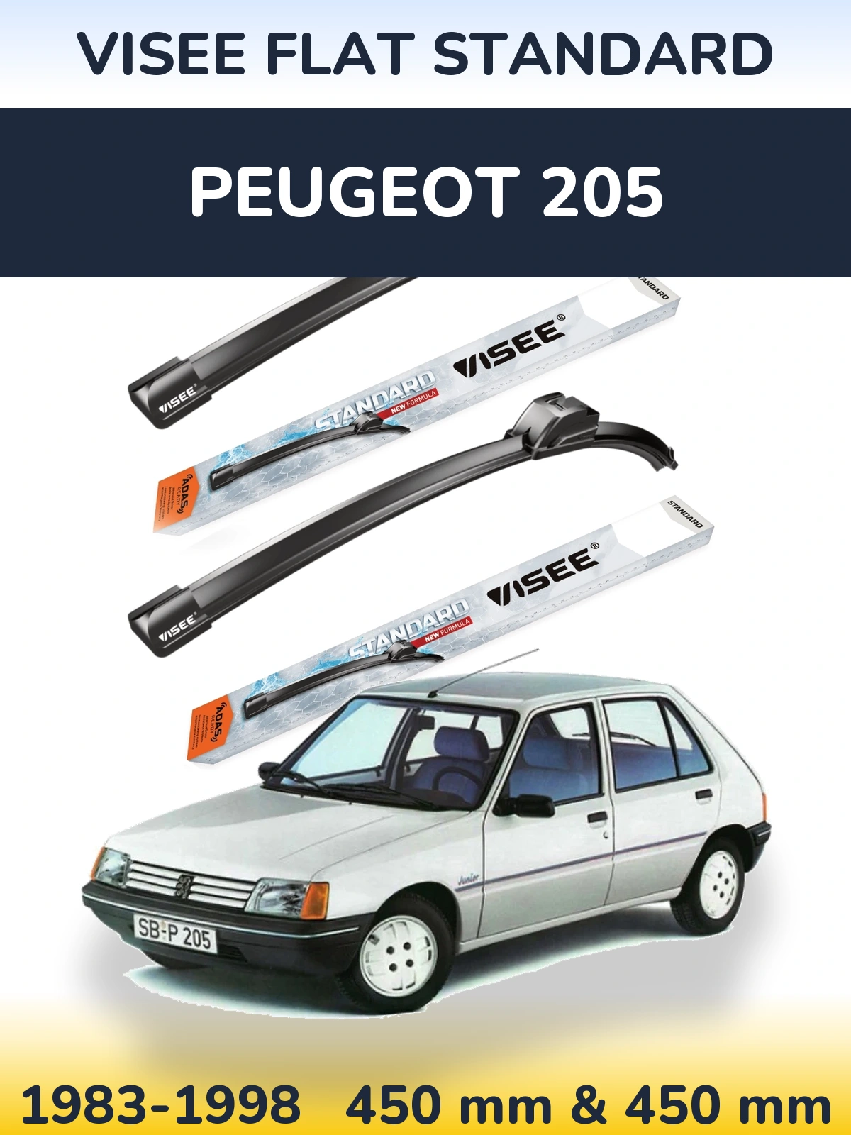Front wiper blade set VISEE FLAT STANDARD 450 & 450 mm for Peugeot 205 1983-1998
