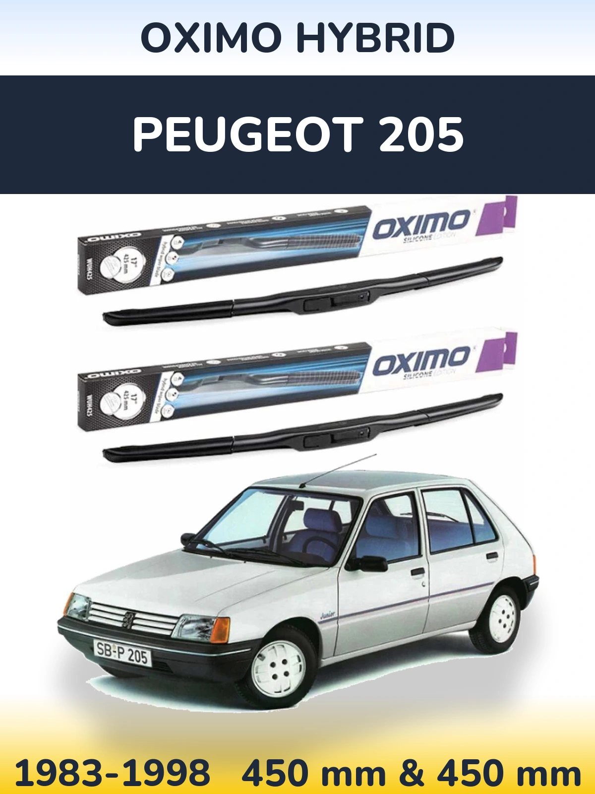 Front wiper blade set Oximo Hybrid 450 & 450 mm for Peugeot 205 1983-1998