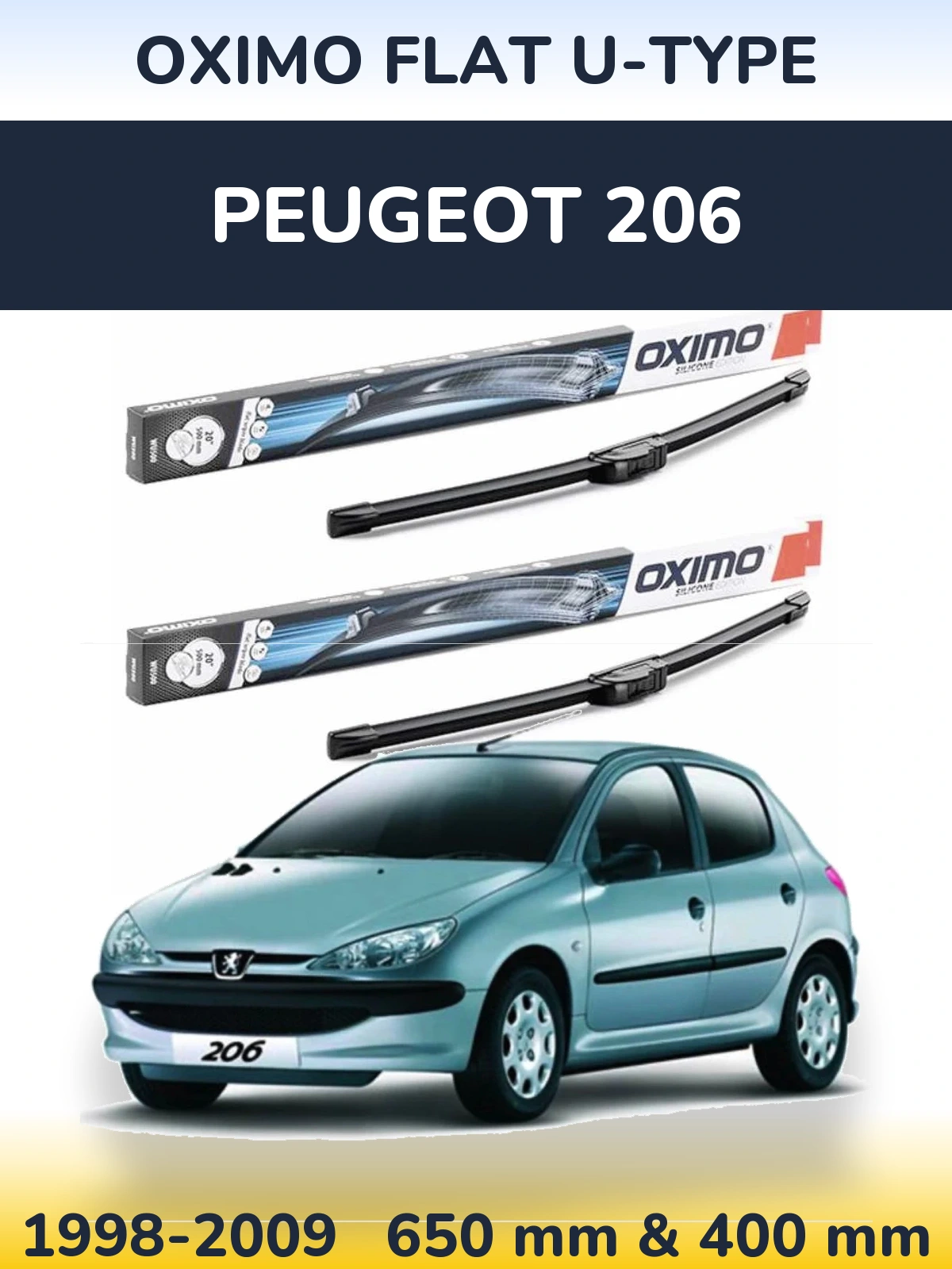 Front wiper blade set Oximo Flat U-type 650 & 400 mm for Peugeot 206 1998-2009