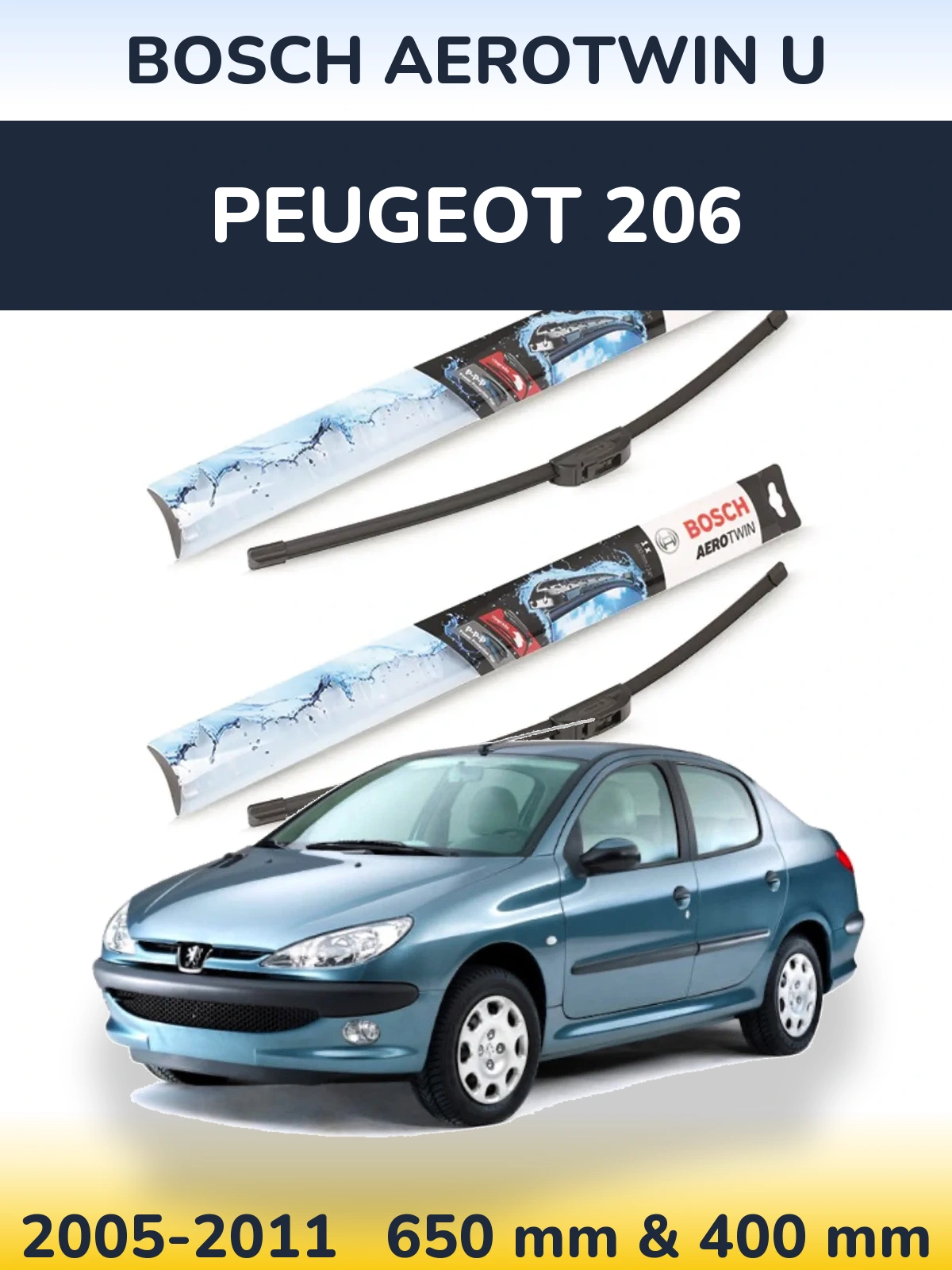 Front wiper blade set BOSCH AeroTwin U 650 & 400 mm for Peugeot 206 2005-2011