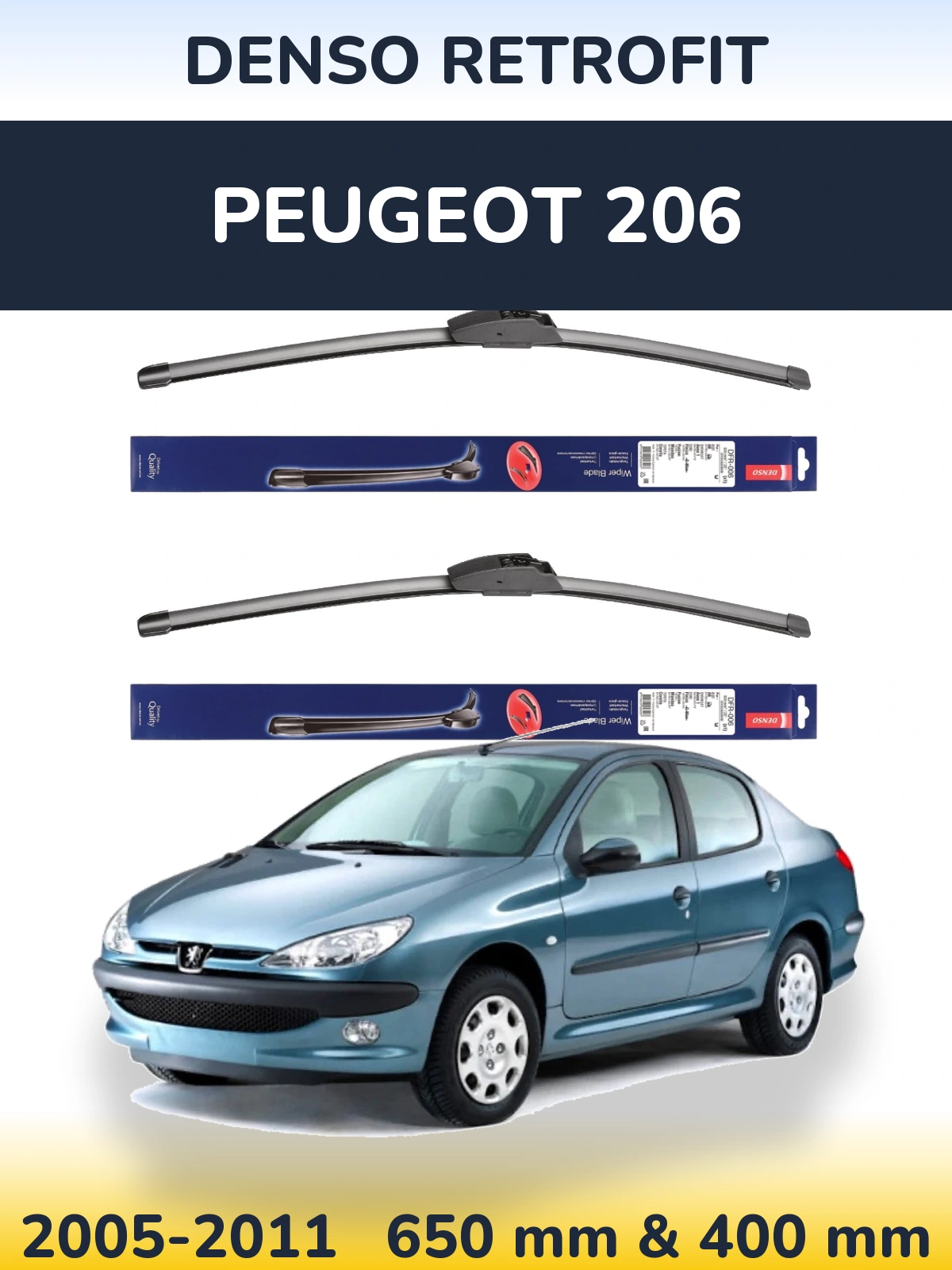 Front wiper blade set Denso Retrofit 650 & 400 mm for Peugeot 206 2005-2011