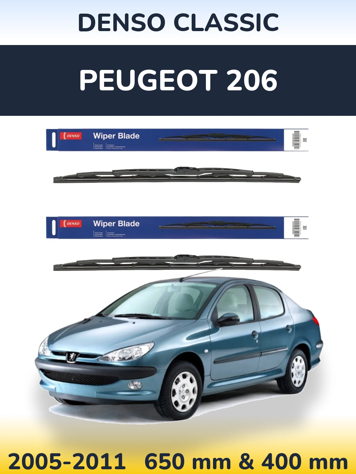 Front wiper blade set Denso Classic 650 & 400 mm for Peugeot 206 2005-2011