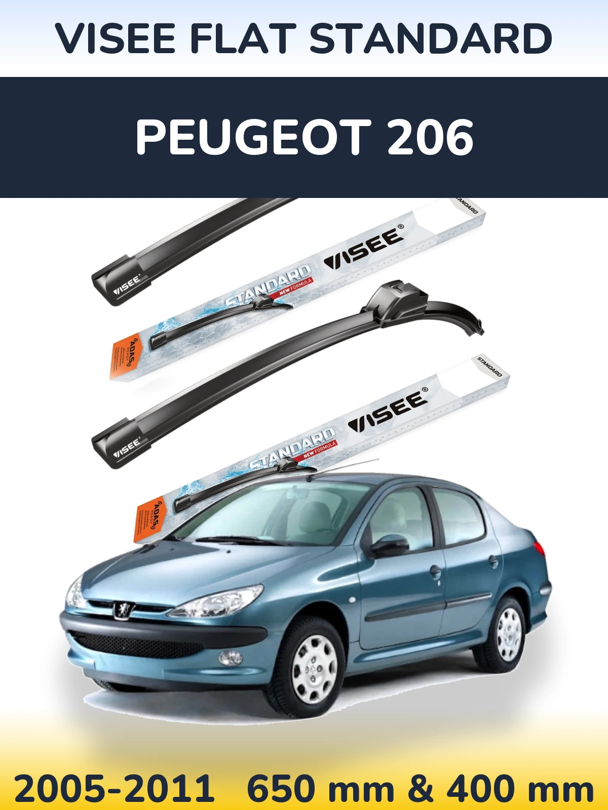 Front wiper blade set VISEE FLAT STANDARD 650 & 400 mm for Peugeot 206 2005-2011