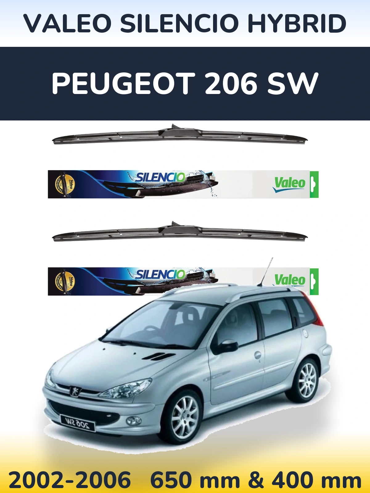 Комплект передних дворников Valeo Silencio Hybrid 650 & 400 мм для Peugeot 206 SW 2002-2006