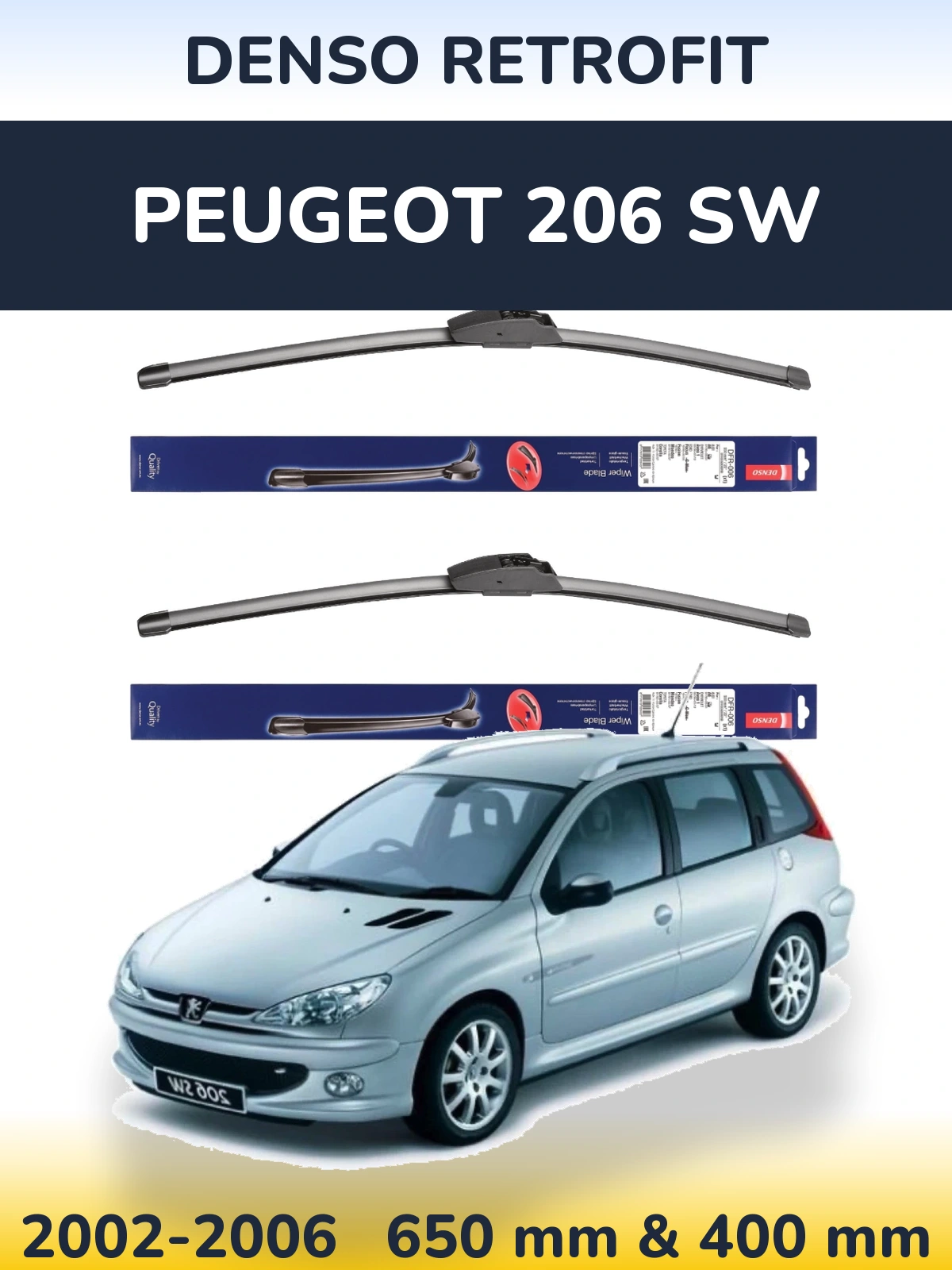 Front wiper blade set Denso Retrofit 650 & 400 mm for Peugeot 206 SW 2002-2006