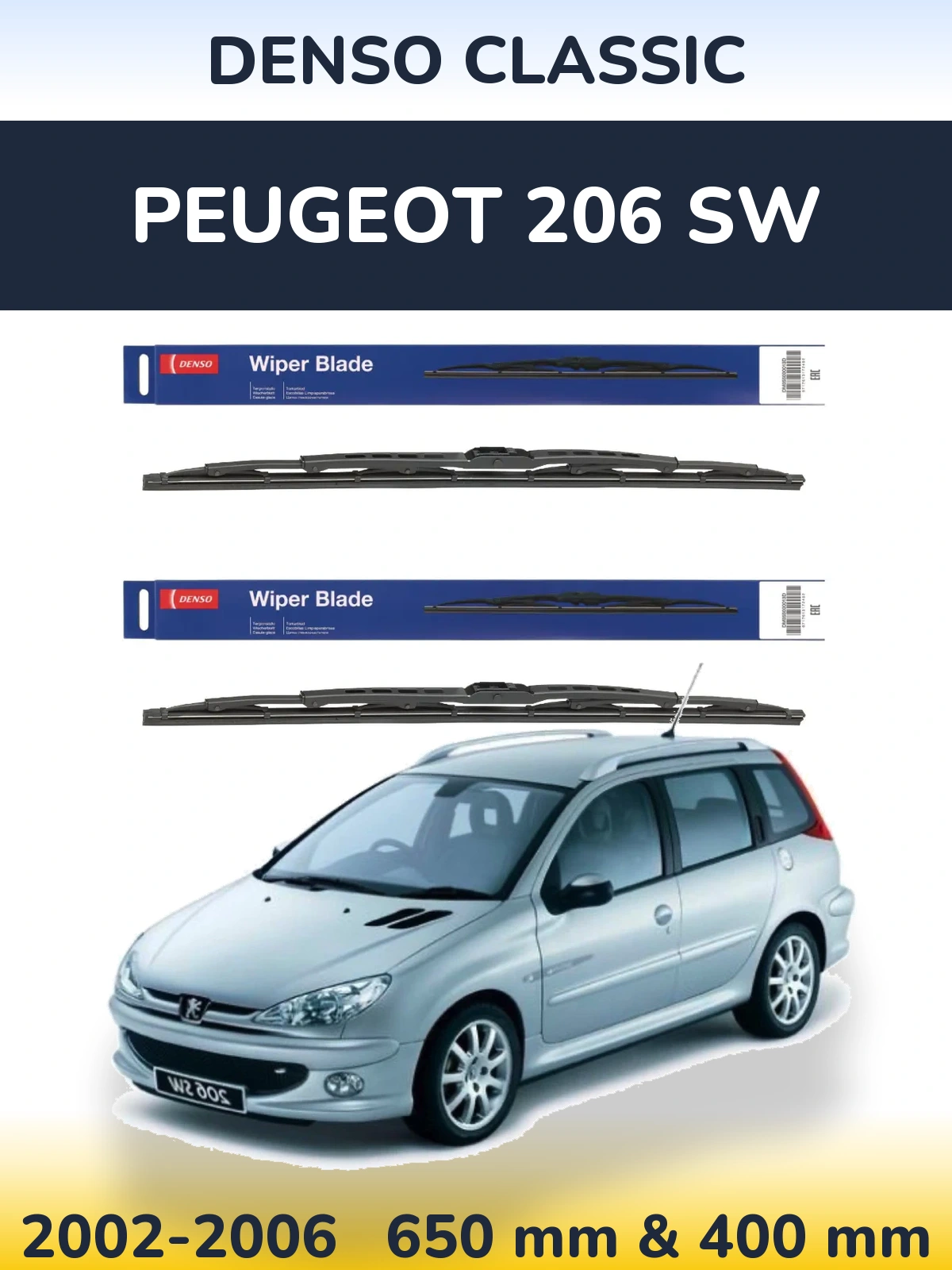 Front wiper blade set Denso Classic 650 & 400 mm for Peugeot 206 SW 2002-2006