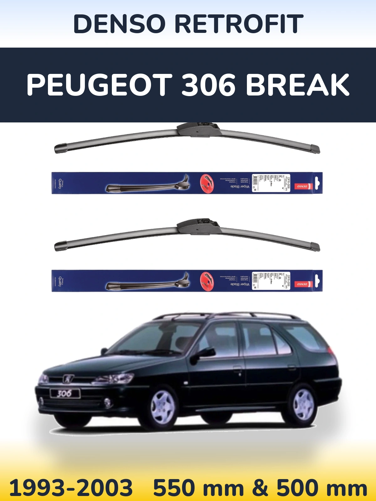 Front wiper blade set Denso Retrofit 550 & 500 mm for Peugeot 306 Break 1993-2003