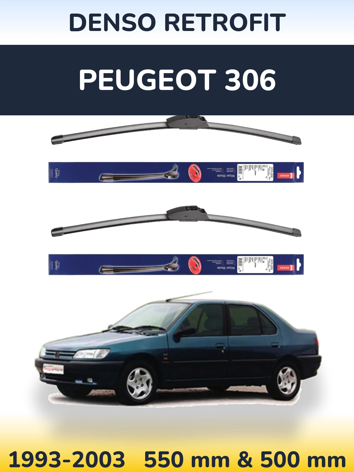 Front wiper blade set Denso Retrofit 550 & 500 mm for Peugeot 306 1993-2003