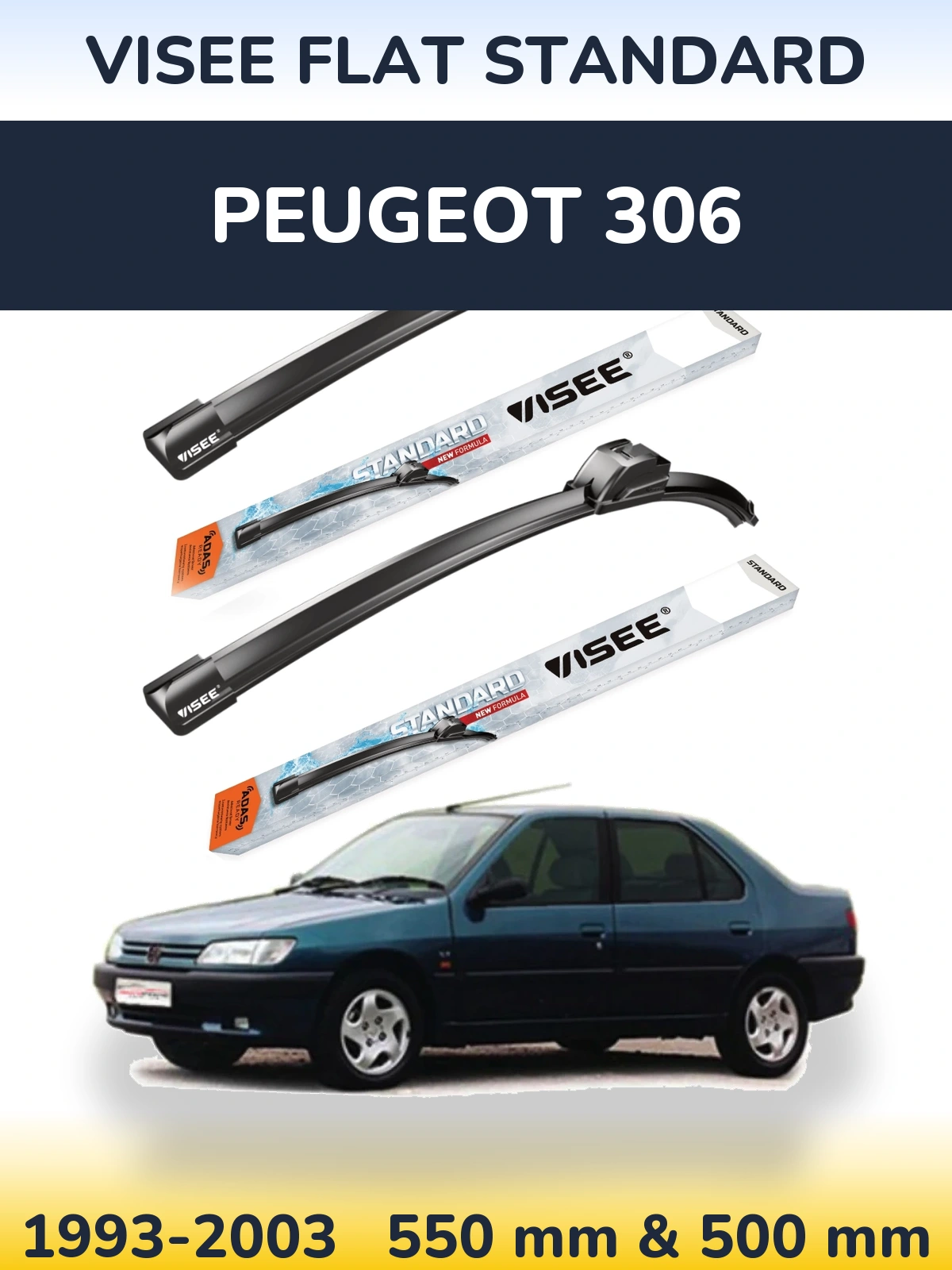 Front wiper blade set VISEE FLAT STANDARD 550 & 500 mm for Peugeot 306 1993-2003