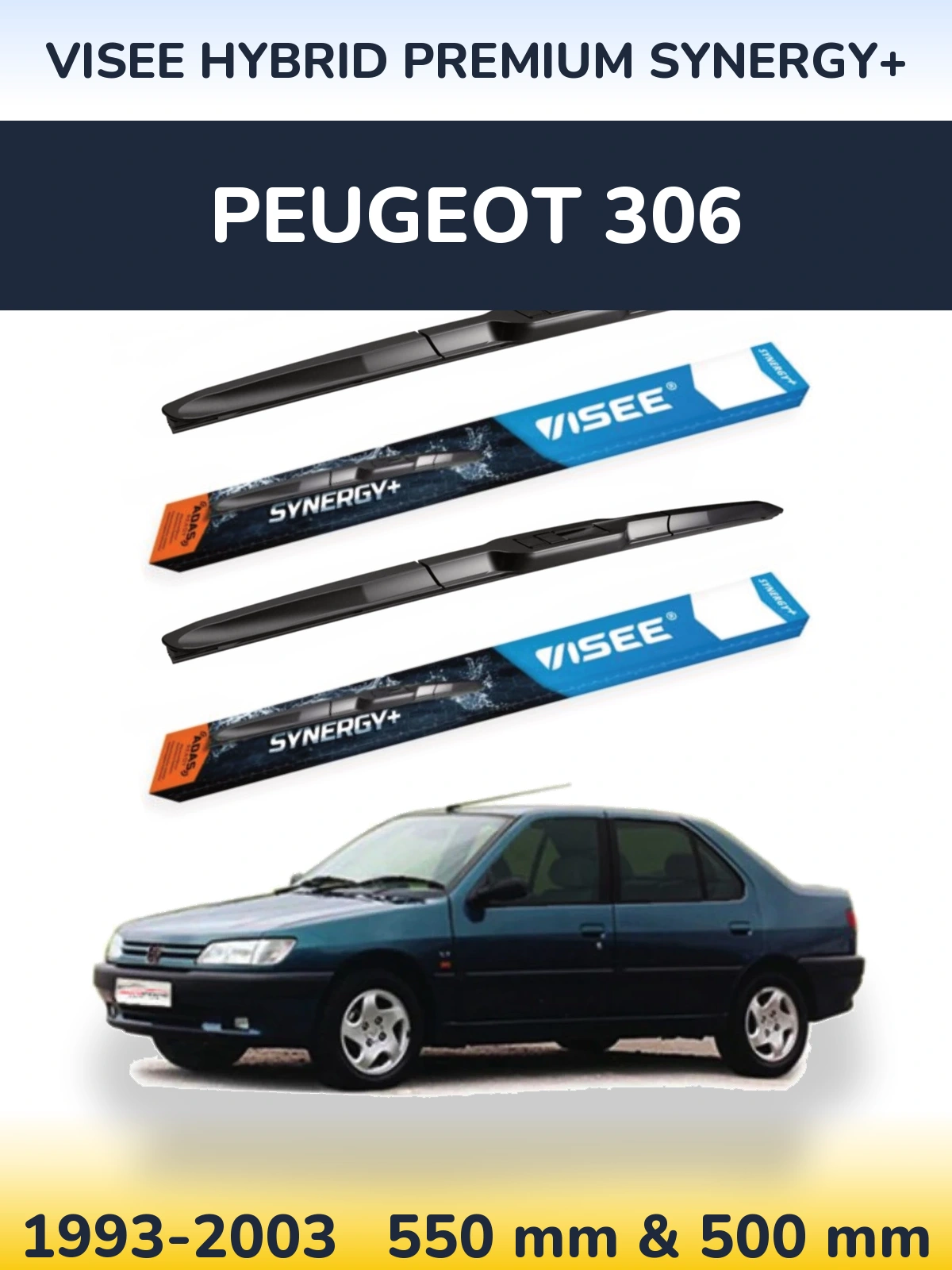 Front wiper blade set VISEE HYBRID PREMIUM SYNERGY+ 550 & 500 mm for Peugeot 306 1993-2003