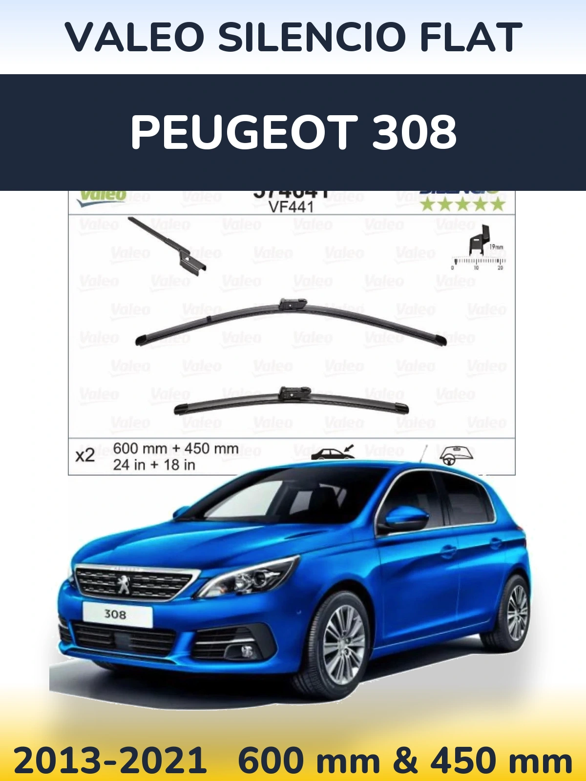 Front wiper blade set Valeo Silencio Flat 600 & 450 mm for Peugeot 308 2013-2021