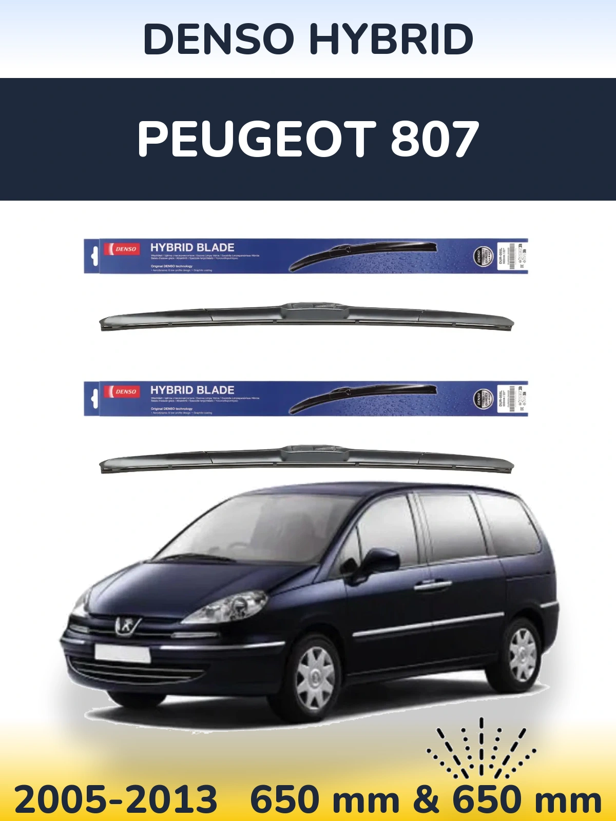 Front wiper blade set Denso Hybrid 650 & 650 mm for Peugeot 807 2005-2013