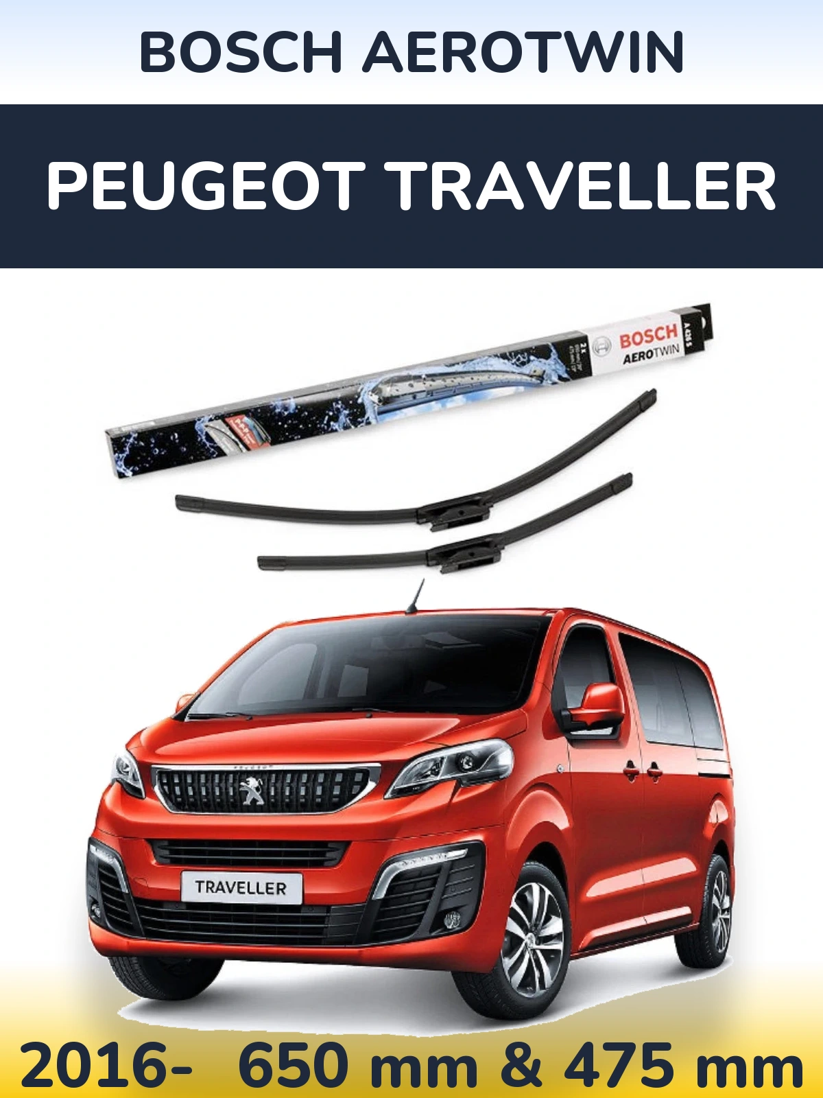 Front wiper blade set BOSCH AeroTwin 650 & 475 mm for Peugeot Traveller 2016-2026