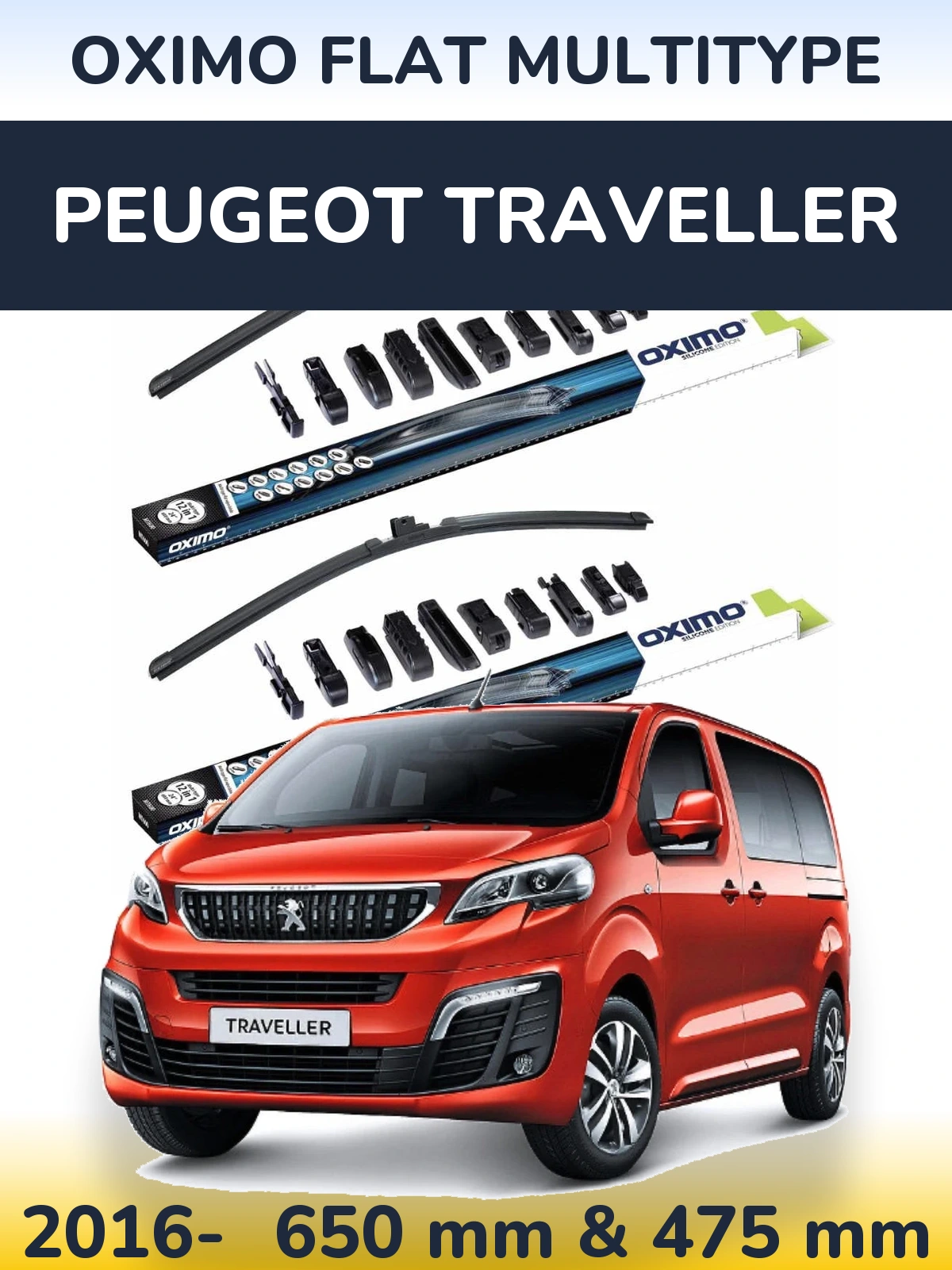 Front wiper blade set Oximo Flat MultiTipoe 650 & 475 mm for Peugeot Traveller 2016-2026