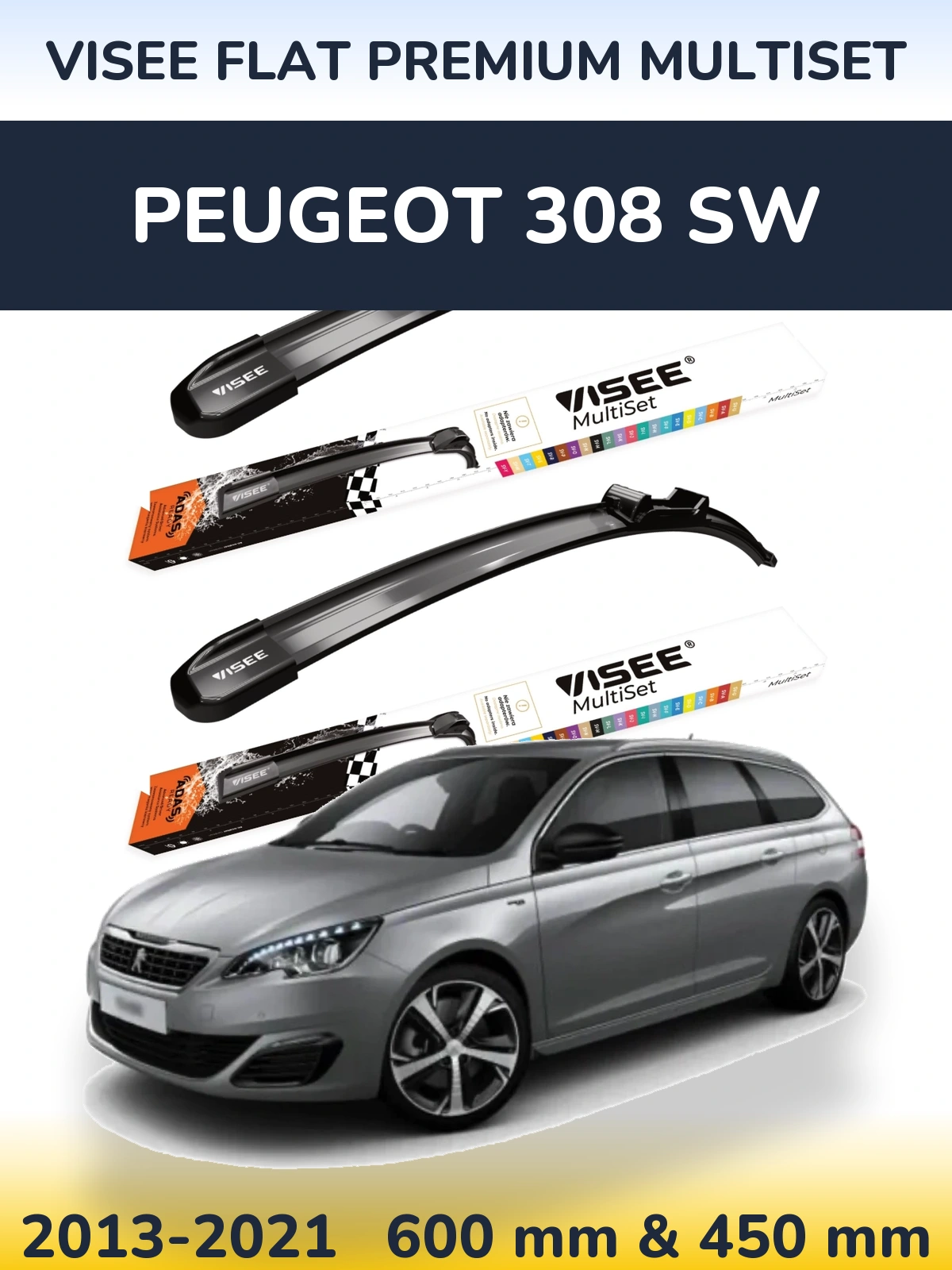 Front wiper blade set VISEE FLAT PREMIUM MultiSet 600 & 450 mm for Peugeot 308 SW 2013-2021