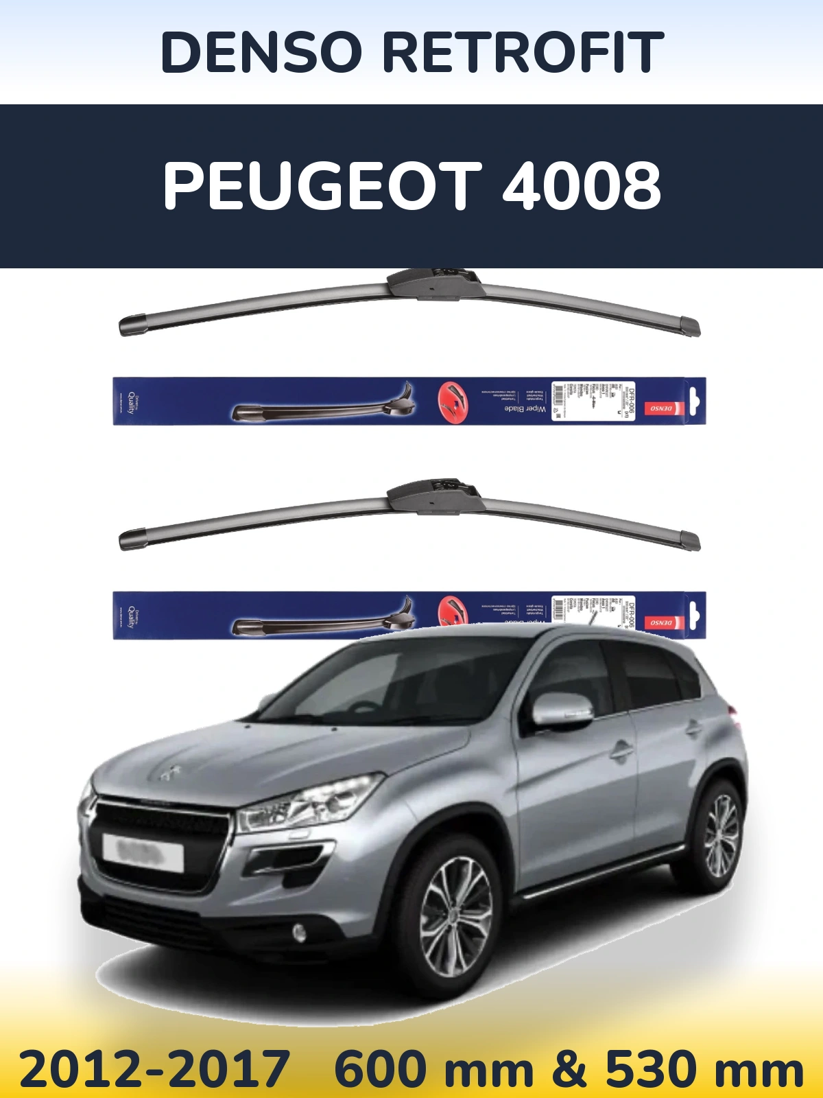 Front wiper blade set Denso Retrofit 600 & 530 mm for Peugeot 4008 2012-2017