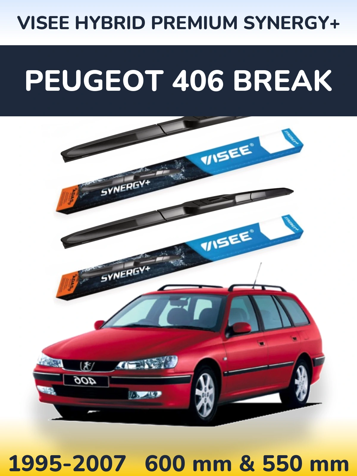 Front wiper blade set VISEE HYBRID PREMIUM SYNERGY+ 600 & 550 mm for Peugeot 406 Break 1995-2007