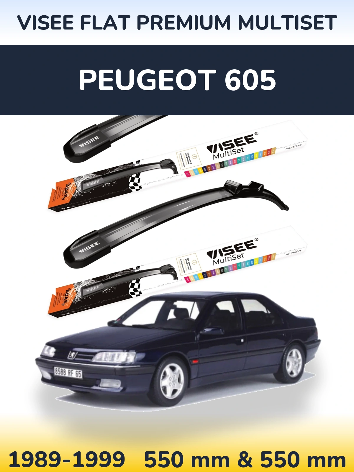 Front wiper blade set VISEE FLAT PREMIUM MultiSet 550 & 550 mm for Peugeot 605 1989-1999
