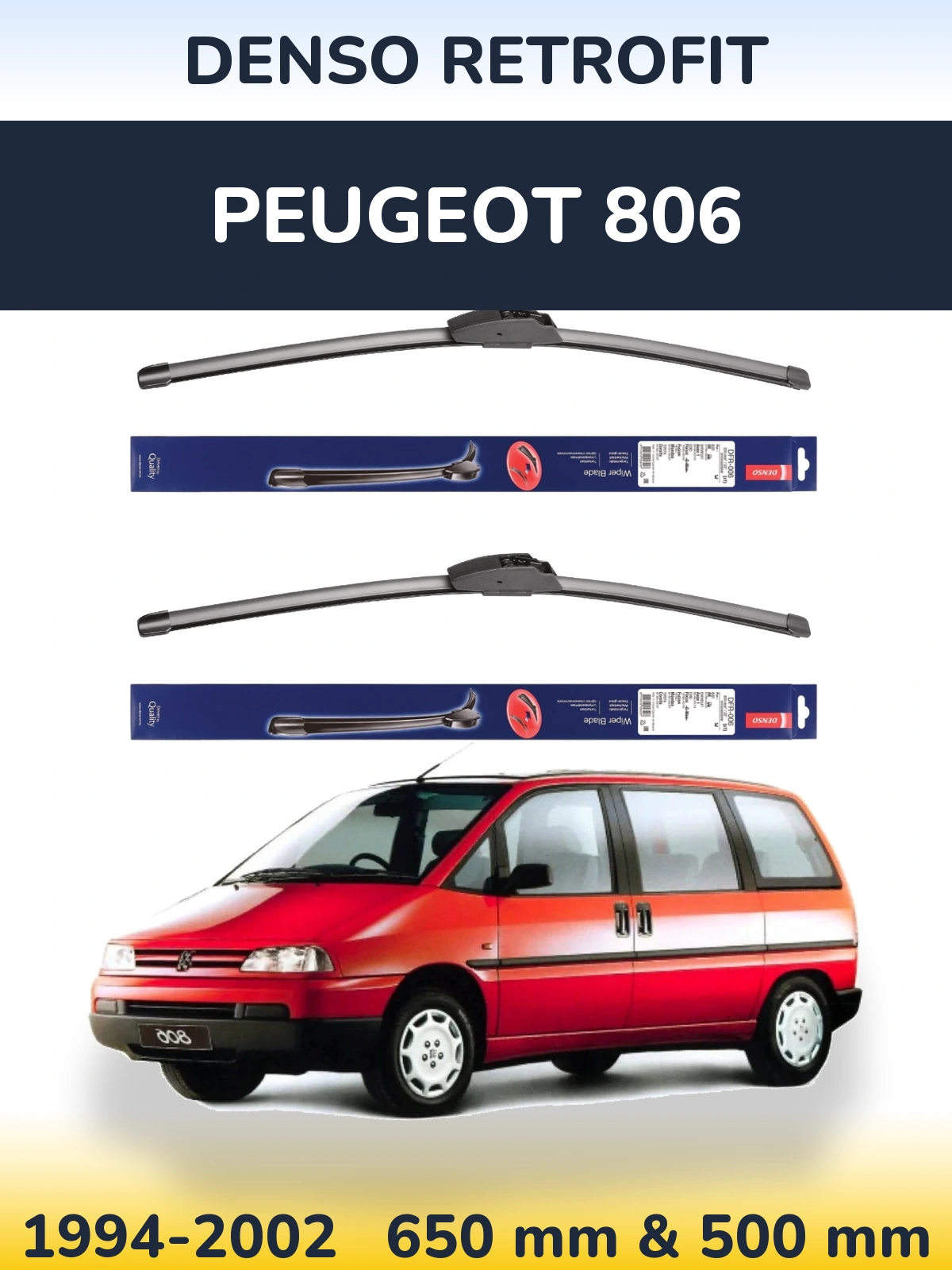 Front wiper blade set Denso Retrofit 650 & 500 mm for Peugeot 806 1994-2002