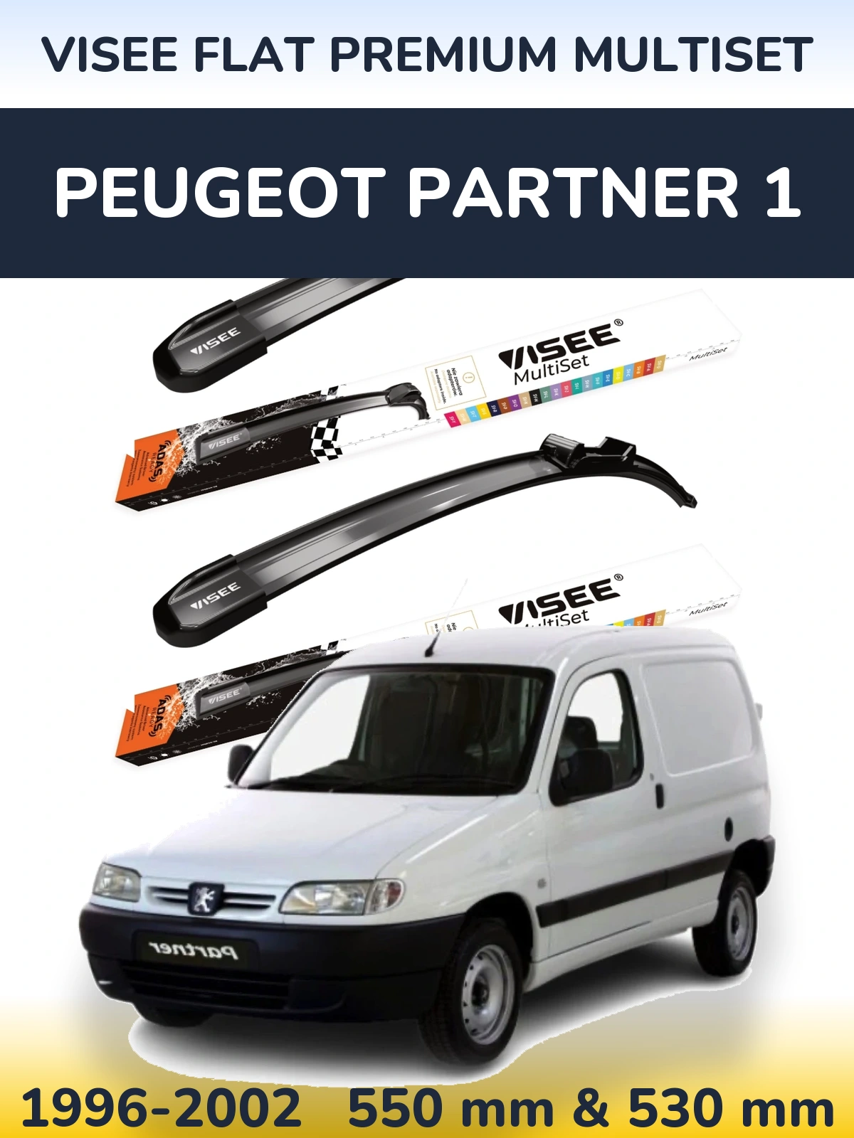 Front wiper blade set VISEE FLAT PREMIUM MultiSet 550 & 530 mm for Peugeot Partner 1 1996-2002