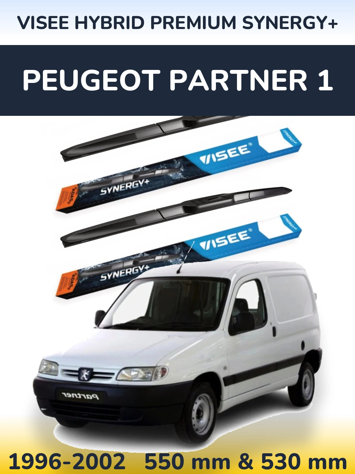 Front wiper blade set VISEE HYBRID PREMIUM SYNERGY+ 550 & 530 mm for Peugeot Partner 1 1996-2002
