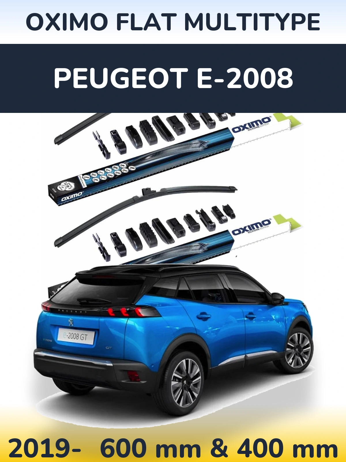 Front wiper blade set Oximo Flat MultiTipoe 600 & 400 mm for Peugeot e-2008 2019-2026