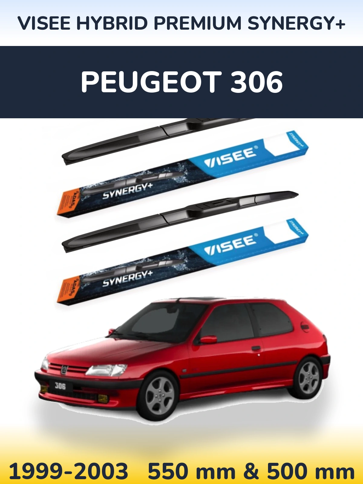 Front wiper blade set VISEE HYBRID PREMIUM SYNERGY+ 550 & 500 mm for Peugeot 306 1999-2003