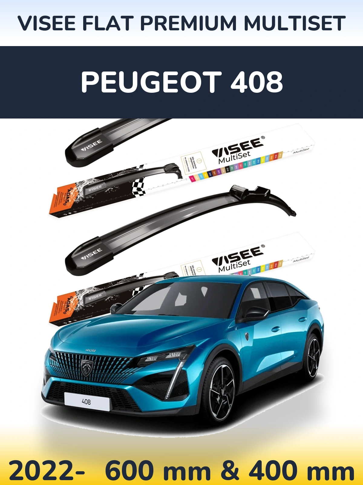 Front wiper blade set VISEE FLAT PREMIUM MultiSet 600 & 400 mm for Peugeot 408 2022-2026